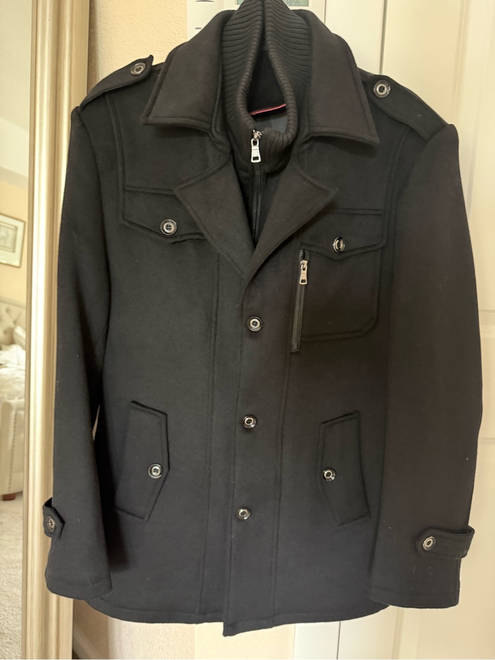 Men's Black Military-Style Wool Pea Coat